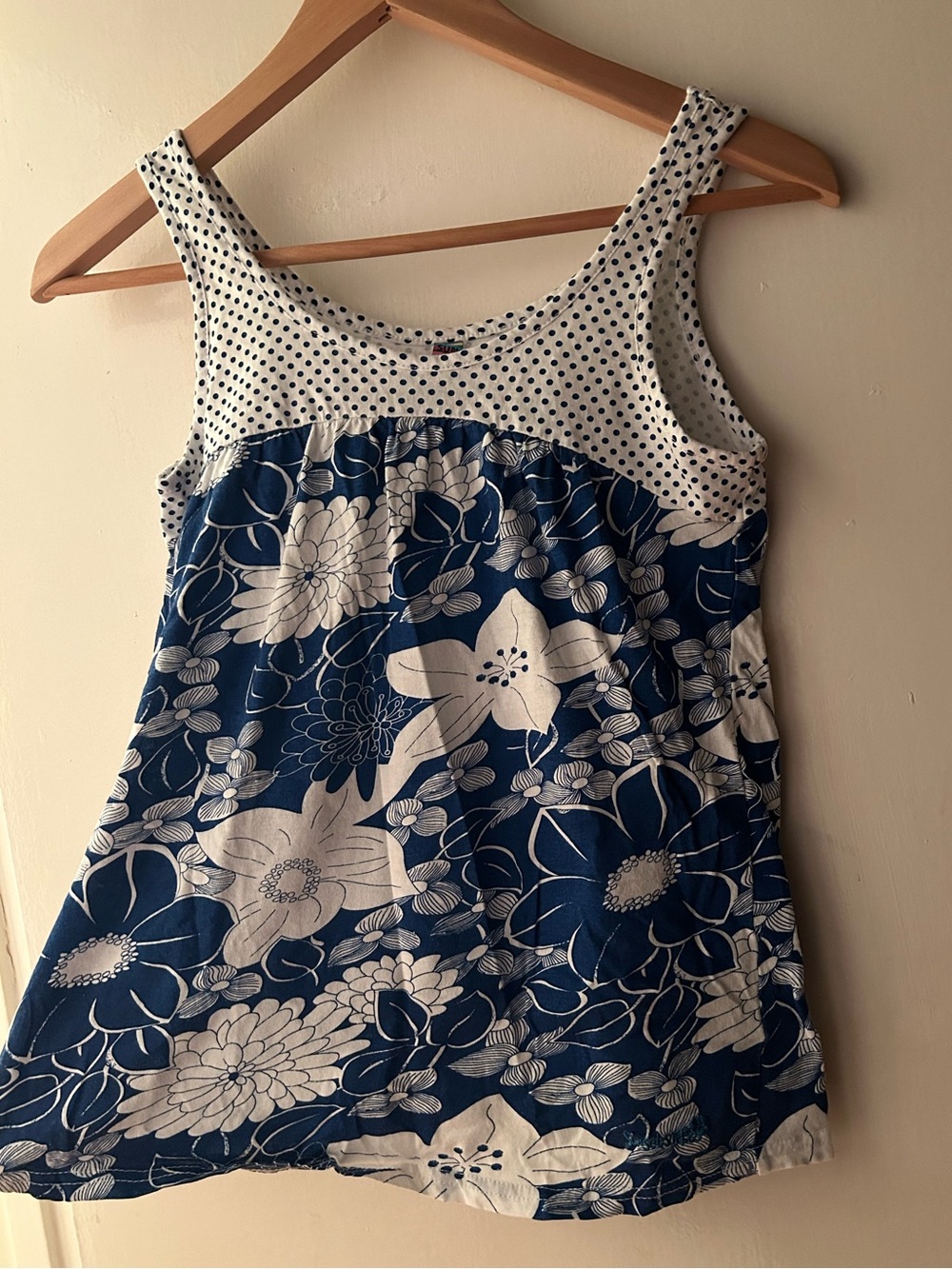 Blue & White Floral Preppy babydoll tank Top with Polka Dot Yoke Hibiscus